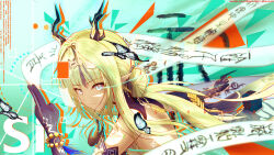 1girl absurdres arknights arknights:_endfield bare_shoulders beads black_butterfly black_streaks blonde_hair blue_eyes bug butterfly character_name chen_(pixiv_98349754) chinese_commentary closed_mouth colored_extremities commentary dragon_girl dragon_horns english_text hand_up highres horns long_hair looking_at_viewer magic multicolored_hair pointy_ears scroll si_(arknights) solo streaked_hair upper_body white_butterfly 