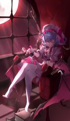  1girl absurdres alcohol bat_wings bow commentary_request crop_top cropped_shirt crossed_legs cup ewfftry fang frilled_sleeves frills full_moon hands_up hat hat_bow highres holding holding_cup index_finger_raised lattice mob_cap moon on_throne pantyhose pink_hat pink_shirt pink_skirt pleated_skirt puffy_short_sleeves puffy_sleeves purple_hair red_bow red_eyes remilia_scarlet shirt short_hair short_sleeves sitting skirt solo throne touhou white_pantyhose wine wings wrist_cuffs 