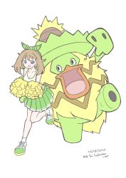  2026 artist_name bow brown_hair cheering cheerleader dated green_shoes green_skirt hair_bow hat highres holding holding_pom_poms ludicolo may_(pokemon) milk_tea_september open_mouth pleated_skirt pokemon pokemon_(creature) pokemon_omega_ruby_and_alpha_sapphire pom_pom_(cheerleading) shirt shoes sidelocks skirt sleeveless sleeveless_shirt smile sombrero tongue two-tone_skirt 