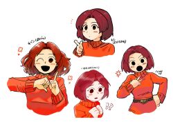  !? 1girl 4bk63ppm0p54593 anger_vein belt black_eyes blush blush_stickers breasts brown_eyes brown_hair character_name closed_mouth commentary_request cropped_torso dress finger_gun hand_on_own_hip happy highres index_finger_raised long_sleeves looking_at_viewer mii_(nintendo) mii_gunner mii_gunner_(smash_4) multiple_views one_eye_closed open_mouth orange_sweater own_hands_together pointing pointing_at_self pointing_up red_dress red_hair red_sweater short_hair simple_background smile super_smash_bros. sweater turtleneck turtleneck_sweater upper_body white_background 