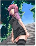  black_dress dress elfen_lied horns koma_(artist) lace lucy nyuu oekaki outdoors outside pink_eyes pink_hair short_hair sky stairs standing striped striped_legwear striped_thighhighs thigh-highs thighhighs tree zettai_ryouiki 