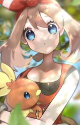  1girl absurdres artist_name baby_animal bandana beak bird bow_hairband brown_hair chick commentary_request fanny_pack fire flame-tipped_tail hairband highres holding holding_pokemon kurumiya_(krmy_p) leaf may_(pokemon) outdoors pokemon pokemon_(creature) pokemon_omega_ruby_and_alpha_sapphire red_bandana red_hairband red_shirt shirt tail torchic tree twintails twitter_username 