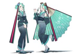  aqua_eyes aqua_hair aqua_nails aqua_trim black_sleeves blue_kimono braid commentary_request detached_sleeves folded_fan folding_fan gyoza_2001 hair_bun hand_fan hatsune_miku highres japanese_clothes kimono number_tattoo obi paper_fan sash single_hair_bun tattoo twin_braids twintails vocaloid wide_sleeves 