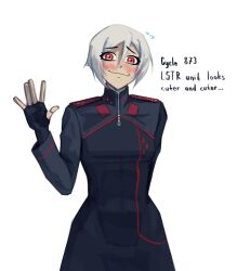  1girl ariane_yeong black_coat black_gloves blush closed_mouth coat cowboy_shot english_text epaulettes fingerless_gloves gloves hair_between_eyes hand_up high_collar highres looking_at_viewer military_uniform nuclearbanan red_eyes signalis simple_background solo white_background white_hair zipper zipper_pull_tab 