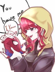  1girl :d absurdres akane_lize black_jacket black_shirt blonde_streaks border breasts commentary_request cosplay creature crew_neck cross cross_earrings earrings english_text fangs fingernails grey_eyes highres holding holding_creature hood hood_up jacket jean_grey jean_grey_(cosplay) jewelry korean_commentary long_hair long_sleeves marvel mole mole_under_eye multicolored_hair nail_polish open_clothes open_jacket open_mouth pienna_(akane_lize) pink_border red_hair red_nails red_pupils samusa shirt simple_background smile speech_bubble spider-man spider-man:_brand_new_day spider-man_(cosplay) spider-man_(series) stellive streaked_hair t-shirt upper_body virtual_youtuber white_background x-men yellow_hood 