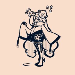  1girl bow-shaped_hair character_hair_ornament commentary criss-cross_halter electricity fake_hair_bun hair_ornament halter_shirt halterneck hexagon_print highres iono_(pokemon) lightning_bolt_symbol magnemite monochrome nanami_marron oversized_clothes pokemon pokemon_scarlet_and_violet sharp_teeth single_leg_pantyhose sleeves_past_fingers sleeves_past_wrists solo teeth 