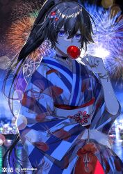  1girl aerial_fireworks animal_print bag black_choker black_hair blue_kimono bracelet candy_apple choker colored_inner_hair commentary_request earrings festival fireworks fish_print food hair_between_eyes high_ponytail highres holding holding_candy_apple holding_food holding_kinchaku hoop_earrings japanese_clothes jewelry kamitsubaki_studio kimono kinchaku koi koko_(kamitsubaki_studio) kuga_huna light_smile lightning_bolt_earrings lightning_bolt_symbol long_sleeves mole mole_under_eye multicolored_hair multicolored_kimono multiple_moles o-ring o-ring_choker obi obijime official_alternate_costume official_art ponytail pouch print_kimono purple_hair sash summer_festival violet_eyes white_kimono wide_sleeves yukata 