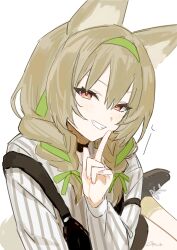  1girl absurdres alternate_hairstyle arknights beanstalk_(arknights) black_overalls black_shoes braid brown_hair clenched_teeth commentary_request green_hairband green_ribbon grin hair_ribbon hairband highres index_finger_raised k-yosinori light_blush looking_at_viewer overalls red_eyes ribbon shirt shoes simple_background sitting smile socks solo striped_clothes striped_shirt teeth twin_braids white_background white_shirt yellow_socks 