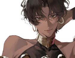  1boy arjuna_(fate) brown_eyes brown_hair dark-skinned_male dark_skin earrings eyeshadow fate/grand_order fate_(series) halterneck hoop_earrings jewelry jnjn00189 looking_at_viewer makeup male_focus portrait purple_eyeshadow short_hair simple_background smile solo white_background 