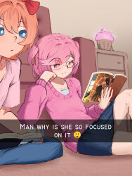 2girls absurdres blue_eyes book bow commentary cupcake doki_doki_literature_club drawer emi_emiii emoji english_text food glasses hair_bow highres holding holding_book indoors lonely_girl_ni_sakaraenai looking_at_another multiple_girls natsuki_(doki_doki_literature_club) orange_hair pink_eyes pink_hair pink_shirt pink_sweater reading red_bow sayori_(doki_doki_literature_club) shirt short_twintails sitting sweater twintails yuri_(object) 