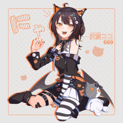  1girl :d ahoge animal_ear_headphones animal_ears arm_belt asymmetrical_legwear asymmetrical_sleeves bandaid bandaid_on_leg bare_shoulders bat_wings belt belt_collar black_choker black_hair black_nails black_shoes black_sweater cat_ear_headphones cat_ears character_name choker claw_pose collar commentary_request cross-laced_clothes cross-laced_dress eyeball_hair_ornament fake_animal_ears furrowed_brow headphones highres leg_belt long_sleeves looking_at_viewer loose_socks mahou_shoujo_no_majo_saiban multicolored_hair nail_polish off-shoulder_sweater off_shoulder open_mouth orange_eyes orange_nails orange_streaks pantyhose sawatari_coco sharp_teeth shirt shoes short_hair single_bare_shoulder single_leg_pantyhose sitting skirt skirt_under_dress sleeveless sleeveless_shirt smile socks solo streaked_hair striped_clothes striped_pantyhose striped_sleeves stuffed_animal stuffed_cat stuffed_toy sweater teeth tilemo0 upper_teeth_only wariza white_background white_shirt white_skirt wings 