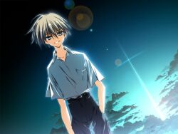  1boy arm_at_side belt blue_eyes blurry bokeh clouds cloudy_sky collared_shirt cross depth_of_field game_asset hand_in_pocket kagome_(traumatize) looking_at_viewer non-web_source official_art outdoors self-datamine shirt short_sleeves sky standing subarashiki_hibi variant_set visual_novel_cg white_shirt 