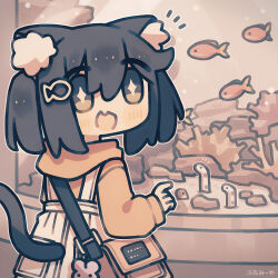  +_+ 1girl :d animal_ear_fluff animal_ears aquarium bag black_hair blush_stickers cat_ears cat_girl cat_tail commentary_request coral cowboy_shot double-parted_bangs fang fish fish_hair_ornament futami_ya hair_between_eyes hair_ornament highres hood hood_down hoodie long_sleeves open_mouth original outline pleated_skirt short_hair skin_fang skirt smile solo suspender_skirt suspenders tail white_outline white_skirt yellow_eyes yellow_hoodie 