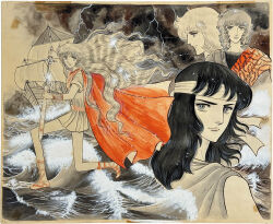  1970s_(style) 1girl 3boys androgynous asteria's_brother_(carthage) asteria_(carthage) belt bishounen bracer cape carthage:_ai_no_senshi-tachi closed_mouth clouds curly_hair dark_cloud gladiator_sandals glint greco-roman_clothes headband holding holding_sheath holding_sword holding_weapon hoshikawa_tomi lightning lino_(carthage) long_hair looking_at_viewer looking_back medium_hair multiple_boys nerva_(carthage) official_art on_one_knee painting_(medium) parted_lips partially_colored projected_inset red_cape retro_artstyle sailing_ship sandals sheath ship short_sleeves smile sparkle sword third-party_source traditional_media tunic unsheathing watercraft waves weapon 