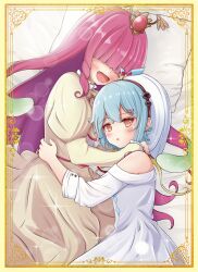  2girls absurdres blue_bow blue_hair bow commentary_request dress duel_masters green_hair hair_ornament hair_over_eyes hat hat_bow highres hug koorizatou82 long_hair lying multicolored_bow multicolored_hair multiple_girls on_back on_bed open_mouth orange_eyes pink_hair purinpurin_(duel_masters) red_bow red_hair sparkle t_t_t_(duel_masters) tentacle_hair white_dress white_hat yellow_bow yellow_dress 