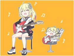  1girl absurdres ahoge animal_ears ankle_socks beamed_eighth_notes black_choker black_jacket black_shorts blonde_hair blush chibi chiisai choker closed_eyes commentary_request curled_horns dual_persona eighth_note electric_guitar full_body guitar hair_ribbon highres holding holding_guitar holding_instrument hololive horns instrument jacket long_hair long_sleeves musical_note official_alternate_costume on_stool open_mouth orange_background pink_ribbon playing_guitar playing_instrument red_socks ribbon sheep_ears sheep_girl sheep_horns shoes shorts side_ponytail simple_background singing sitting sneakers socks stool tank_top tsunomaki_watame tsunomaki_watame_(1st_costume) tsunomaki_watame_(amazing_swing) virtual_youtuber white_shoes white_tank_top 