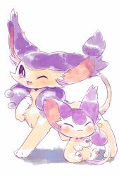  :3 :d ;d ^_^ alternate_color alternate_shiny_pokemon animal_focus baby_animal cat closed_eyes commentary_request delcatty evolutionary_line full_body highres kitten looking_at_viewer no_humans one_eye_closed pawpads pokemon pokemon_(creature) pokemon_focus simple_background sitting sketch skitty smile standing suppainu violet_eyes white_background 