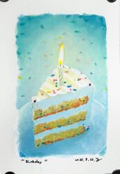  absurdres birthday_cake border cake cake_slice candle commentary_request confetti dated fire food food_focus highres katayama_joe no_humans original sprinkles traditional_media white_border 