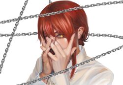  1girl absurdres artristeando chain chainsaw_man covering_face dress_shirt hair_over_eyes hand_on_own_face highres makima_(chainsaw_man) red_hair ringed_eyes shirt swept_bangs white_shirt yellow_eyes 