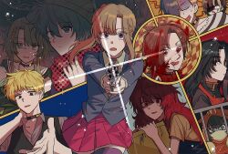  4girls 6+boys :/ angry animal_hood bananaan beanie beckoning black_eyes black_hair black_vest blonde_hair blood blue_eyes blue_hair blue_jacket brown_hair chidouin_sara collar collared_shirt commentary_request crying crying_with_eyes_open curtained_hair double-parted_bangs egokoro_nao empty_eyes glint green_eyes green_hair green_hat grey_shirt gun hair_between_eyes hair_ornament hairclip hand_on_own_neck hat high_collar high_ponytail hiyori_sou holding holding_bars holding_gun holding_weapon hood hood_up ibushi_gin jacket kimi_ga_shine kizuchi_kanna korean_commentary long_hair long_sleeves looking_at_viewer mask miniskirt mouth_mask multicolored_hair multiple_boys multiple_girls open_collar orange_hair outstretched_arms parted_bangs partially_shaded_face pink_shirt pleated_skirt polka_dot polka_dot_scarf ponytail purple_thighhighs red_eyes red_hair red_scarf sailor_collar satou_kai scared scarf school_uniform shinogi_keiji shirt short_hair short_hair_with_long_locks short_sleeves skirt smile sonobeno_high_school_uniform spoilers striped_clothes striped_shirt sweat tazuna_joe tears thigh-highs unmoving_pattern v-shaped_eyebrows very_short_hair vest violet_eyes waistcoat weapon white_sailor_collar white_shirt wide-eyed yabusame_alice yabusame_reko yellow_shirt 