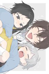  2boys 3boys aged_down akutagawa_ryuunosuke_(bungou_stray_dogs) baby bandaged_neck bandages black_vest bolo_tie border brown_hair bungou_stray_dogs closed_eyes closed_mouth commentary_request crying dazai_osamu_(bungou_stray_dogs) grey_background hair_between_eyes highres iori_0217 male_focus middle_part multiple_boys nakajima_atsushi_(bungou_stray_dogs) open_mouth shirt short_hair simple_background tears vest white_border white_shirt 