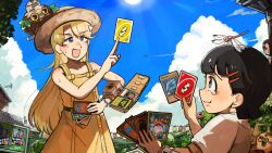  3girls :d absurdres bird black_hair blonde_hair blue_eyes bug chicken clouds cloudy_sky commentary diva_(hyxpk) dragonfly dress duck english_commentary grey_eyes hat highres long_hair multiple_girls original outdoors pokemon pokemon_tcg poster_(object) shirt short_hair sky smile tearing_up uno_(game) uno_reverse_card white_shirt yellow_dress 