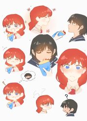  2girls ? absurdres black_eyes black_hair black_sailor_collar black_shirt blue_eyes blush braid chewing closed_eyes closed_mouth commentary crepe dress feeding food food_on_face fruit head_steam highres holding holding_crepe holding_food lara_(sayonara_lara) long_hair multiple_girls ootsu_mari red_hair sailor_collar sayonara_lara school_uniform serafuku shirt short_hair simple_background single_braid strawberry suranamisa untranslatable_commentary white_background white_dress yuri 