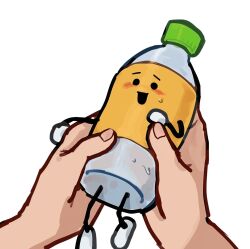  1other :d ant1der1vat1ve blush bottle commentary highres holding holding_bottle jump-rope_tutor_(rhythm_tengoku) open_mouth out_of_frame pet_(rhythm_tengoku) pov pov_hands rhythm_tengoku rhythm_tengoku_miracle_stars simple_background smile solid_circle_eyes solo_focus sweat sweatdrop water_bottle what white_background 