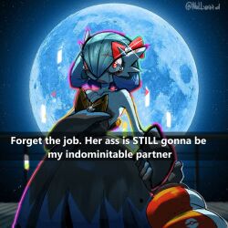  1girl 1other alternate_color artist_name black_dress black_gloves blue_hair bob_cut bow colored_skin commentary dress elbow_gloves english_commentary full_moon gardevoir gloves hair_bow highres holding_hands mega_gardevoir mega_pokemon mega_stone moon nullvoxxed out_of_frame poke_ball_print poke_ball_symbol pokemon pokemon_(creature) red_bow red_eyes shiny_pokemon sparkle tears white_skin 