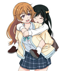  2girls aged_down black_hair blush brown_hair brown_shoes carrying child closed_eyes commentary_request goldluck hair_ornament highres jacket konoe_kanata long_hair long_sleeves love_live! love_live!_nijigasaki_high_school_idol_club mifune_shioriko multiple_girls nijigasaki_school_uniform open_mouth orange_hair piggyback school_uniform shoes sleeping smile socks time_paradox violet_eyes white_background white_socks yellow_jacket 