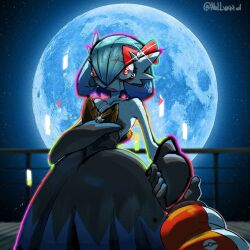  1girl 1other alternate_color artist_name black_dress black_gloves blue_hair bob_cut bow colored_skin dress elbow_gloves full_moon gardevoir gloves hair_bow highres holding_hands mega_gardevoir mega_pokemon mega_stone moon nullvoxxed out_of_frame poke_ball_print poke_ball_symbol pokemon pokemon_(creature) red_bow red_eyes shiny_pokemon sparkle tears white_skin 