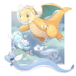  bubble claws closed_eyes closed_mouth ditto dragon dragonair dragonite dratini evolutionary_line fishbowl_helmet helmet horns knhb_tail lapras no_humans open_mouth outdoors pokemon pokemon_(creature) pokemon_focus pokemon_pokopia single_horn smile transformed_ditto underwater water wings 