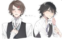  2boys adam's_apple bandaged_neck bandages black_hair black_vest blush bolo_tie brown_eyes brown_hair bungou_stray_dogs candy dazai_osamu_(bungou_stray_dogs) dress_shirt edogawa_ranpo_(bungou_stray_dogs) food green_eyes highres iori_0217 lollipop male_focus multiple_boys necktie open_collar open_mouth ponytail shirt short_hair short_ponytail simple_background sweat swirl_lollipop translation_request unusually_open_eyes vest white_background white_shirt 
