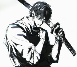  1boy black_hair empty_eyes from_side greyscale hand_up hatching_(texture) highres holding holding_sword holding_weapon jacket jujutsu_kaisen katana looking_ahead monochrome okkotsu_yuta short_hair sketch slouching solo sword upper_body weapon zeiame 