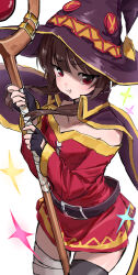 1girl :t artist_name asymmetrical_legwear bandaged_leg bandages belt black_collar blush brown_hair cape closed_mouth collar commentary commentary_request cowboy_shot cross-laced_clothes cross-laced_dress dress fingerless_gloves flat_chest from_above gloves hat highres holding holding_staff kono_subarashii_sekai_ni_shukufuku_wo! looking_at_viewer looking_up mage_staff megumin mismatched_legwear off-shoulder_dress off_shoulder pout red_dress red_eyes short_dress short_hair_with_long_locks sidelocks simple_background single_thighhigh solo sparkle staff tearing_up thigh-highs thinto00 white_background witch_hat zettai_ryouiki 