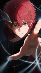  1boy absurdres akatsuki_uniform closed_mouth commentary_request deidaramom highres korean_commentary kunai looking_at_viewer male_focus naruto_(series) naruto_shippuuden puppet_strings reaching reaching_towards_viewer red_hair sasori_(naruto) short_hair solo straight-on weapon 
