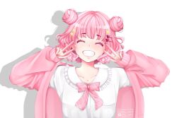  1girl blush bow breast_pocket character_request closed_eyes collarbone commentary commission copyright_request double_bun double_w drop_shadow english_commentary eyelashes grin hair_bun hair_ornament hairclip heart heart_hair_ornament highres instagram_logo instagram_username jacket kinoarisa long_sleeves open_clothes open_jacket pink_bow pink_jacket plaid_bow pocket shirt short_hair simple_background smile star_(symbol) star_hair_ornament teeth twitter_logo twitter_username upper_body w white_background white_shirt 