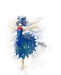  archlich bad_id blue_eyes blue_hair bow cirno dress highres short_hair simple_background solo standing touhou wings 