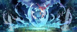  absurdres animal_focus closed_mouth clouds commentary cool_colors dragon english_commentary flying grass highres latias latios murayama_ryota night no_humans official_art pokemon pokemon_(creature) pokemon_focus sky soul_dew star_(symbol) third-party_source tree water waterfall yellow_eyes 