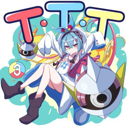  1girl absurdres ankle_boots backpack bag blonde_hair blue_bow blue_dress blue_hair blush_stickers boots border bow brown_boots character_name choker closed_mouth commentary_request crossed_bangs dress duel_masters floating floating_object hair_between_eyes hair_ornament hat hat_bow highres long_hair multicolored_bow multicolored_dress multicolored_hair orange_eyes outside_border randoseru red_bow red_hair royo21294110 sleeves_past_fingers sleeves_past_wrists solo t_t_t_(duel_masters) very_long_hair white_border white_choker white_dress white_hat yellow_bow 