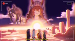  6+girls ahoge animal_ears battery_indicator beanie black_hair black_jacket brown_hair brown_hat candy closed_eyes closed_mouth clouds coat dream_journey_(reminder_of_dreamland)_(umamusume) dream_journey_(umamusume) dress ear_covers ears_through_headwear fenomeno_(black_flames_of_the_righteous_spirit)_(umamusume) fenomeno_(umamusume) flipped_hair food food_in_mouth goggles goggles_around_neck gold_ship_(red_strife)_(umamusume) gold_ship_(umamusume) grey_hair grey_hat hair_between_eyes hat highres horse_ears horse_girl horse_tail jacket lollipop lollipop_in_mouth long_hair long_sleeves mikairu_heven multicolored_hair multiple_girls nakayama_festa_(shichuukyuukatsu)_(umamusume) nakayama_festa_(umamusume) open_mouth orange_hair orfevre_(control)_(umamusume) orfevre_(umamusume) pantyhose peaked_cap pillbox_hat purple_hair recording red_dress shirt single_ear_cover sky sleeveless sleeveless_dress smile stay_gold_(sunlit_outsider)_(umamusume) stay_gold_(umamusume) stay_gold_clan_(umamusume) sunset tail two-tone_hair umamusume video_camera white_pantyhose yellow_coat 