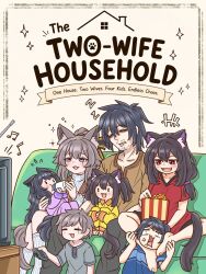  3boys 4girls :d anger_vein animal_ear_fluff animal_ears baby_bottle black_hair black_pants blue_shirt bottle brown_shirt cat_ears cat_girl cat_tail choke_hold closed_eyes commentary controller couch crt drooling english_commentary english_text exhausted family fang feeding food grey_hair grey_shirt group_picture guin_guin hair_ribbon highres holding holding_controller holding_food holding_remote_control kneehighs mature_female mature_male medium_hair multiple_boys multiple_girls on_couch open_mouth original pajamas pants parent_and_child popcorn purple_pajamas rabbit_ears_antenna red_eyes red_shirt remote_control ribbed_sweater ribbon scar scar_across_eye scar_on_face shirt sitting skin_fang sleeping smile socks strangling striped_clothes striped_socks struggling sweater tail television turtleneck turtleneck_sweater two_side_up vertical-striped_clothes vertical-striped_socks violet_eyes watching_television white_socks white_sweater wolf_ears wolf_girl yellow_pajamas 