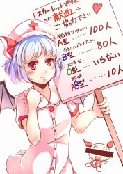  1girl blue_hair blush buttons collared_dress commentary_request demon_wings dress fang fang_out highres holding holding_sign kanzakietc one-hour_drawing_challenge purple_wings red_eyes remilia_scarlet short_sleeves sign simple_background solo touhou translation_request white_background white_dress wings 