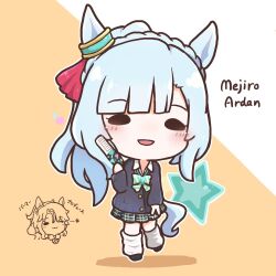  2girls :3 :d ;3 alternate_costume animal_ears aqua_hair black_cardigan bow bowtie braid cardigan character_name chibi chibi_only chokueji collared_shirt commentary_request controller crown_braid green_bow green_bowtie green_skirt gyaru highres holding holding_controller horse_ears horse_girl horse_tail leg_warmers long_hair long_sleeves looking_at_viewer mejiro_ardan_(umamusume) mejiro_palmer_(umamusume) multiple_girls one_eye_closed open_mouth plaid_clothes plaid_skirt shirt skirt smile solid_oval_eyes star_(symbol) striped_bow striped_bowtie striped_clothes tail translation_request two-tone_background umamusume v white_background white_shirt yellow_background 