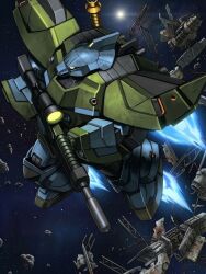  artist_request beam_rifle debris energy_gun gundam gundam_f90 gundam_f91_formula_report_0122 gundam_perfect_file highres mecha mecha_focus mobile_suit nebula neo_zeon no_humans official_art one-eyed_mecha realistic rf_gelgoog robot science_fiction scope space star_(sky) thrusters weapon zero_gravity 