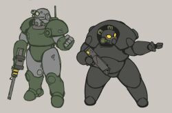  2others chibi chibi_only clenched_hand commentary enclave_(fallout) enclave_soldier energy_gun english_commentary ethossketches fallout helmet laser_rifle multiple_others pointing power_armor_(fallout) simple_background weapon 