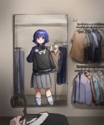  1girl absurdres black_shirt blue_hair blue_jacket blue_pants blush bocchi_the_rock! brown_shirt closed_mouth clothes_hanger feet_out_of_frame grey_skirt highres jacket kasuminmq kneehighs mirror pants pleated_skirt pov pov_hands reflection reflection_focus shirt short_hair skirt socks solo twitter_username unworn_jacket unworn_pants unworn_shirt yamada_ryo 