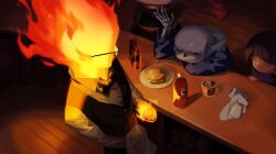 1other 2016 2d 3boys alcohol ambiguous_gender arm_rest armor bar_(place) bartender black_bowtie black_pants black_vest blue_jacket blue_shorts blue_sweater bottle bowtie brown_hair burger cape child counter cup digital_media drink drinking_glass elemental_(creature) fire_elemental flaming_head food frisk_(undertale) from_above glasses gloves grey_hood grillby head_out_of_frame hip_bones hollow_eyes hood hood_down hooded_jacket human humanoid in-universe_location indoors jacket ketchup_bottle long_sleeves male male_focus mittens monster monster_boy multiple_boys no_mouth one_eye_closed open_clothes open_jacket orange_skin out_of_frame pants papyrus_(undertale) plate rectangular_eyewear red_cape red_gloves sans_(undertale) shirt short_hair shorts skeleton spine sweater teeth third-party_source undead undertale uniform unworn_mittens ut_rokuroku utdr_(toby_fox) vest white_armor white_mittens white_shirt yellow_trim