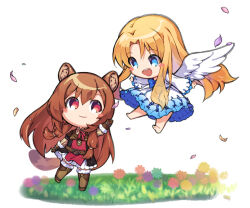  2girls :d animal_ears armor armored_boots artist_request barefoot belt bird_wings black_dress blonde_hair blue_dress blue_eyes blush_stickers boots brown_armor brown_belt brown_boots brown_hair chibi closed_mouth curtained_hair dress feathered_wings filo_(tate_no_yuusha_no_nariagari) floating frilled_dress frilled_sleeves frills fur-trimmed_armor fur-trimmed_boots fur_trim gauntlets hair_between_eyes layered_dress leather_armor long_hair long_sleeves looking_at_another metal_wrist_cuffs multiple_girls open_mouth outdoors raccoon_ears raccoon_girl raccoon_tail raphtalia red_dress red_eyes short_dress simple_background sleeveless sleeveless_dress smile soles straight_hair tail tanuki tate_no_yuusha_no_nariagari thigh_boots third-party_source two-tone_dress white_background white_dress white_fur white_wings wings 