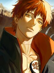  1boy akatsuki_uniform coat collarbone highres looking_at_viewer male_focus naruto_(series) naruto_shippuuden open_clothes open_coat outdoors parted_lips red_hair sasori_(naruto) short_hair solo tabiii123 teeth yellow_eyes 